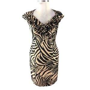 Kay Unger S 12‎ Zebra Brown Black Animal Print Sheath dress Career Cocktail Date